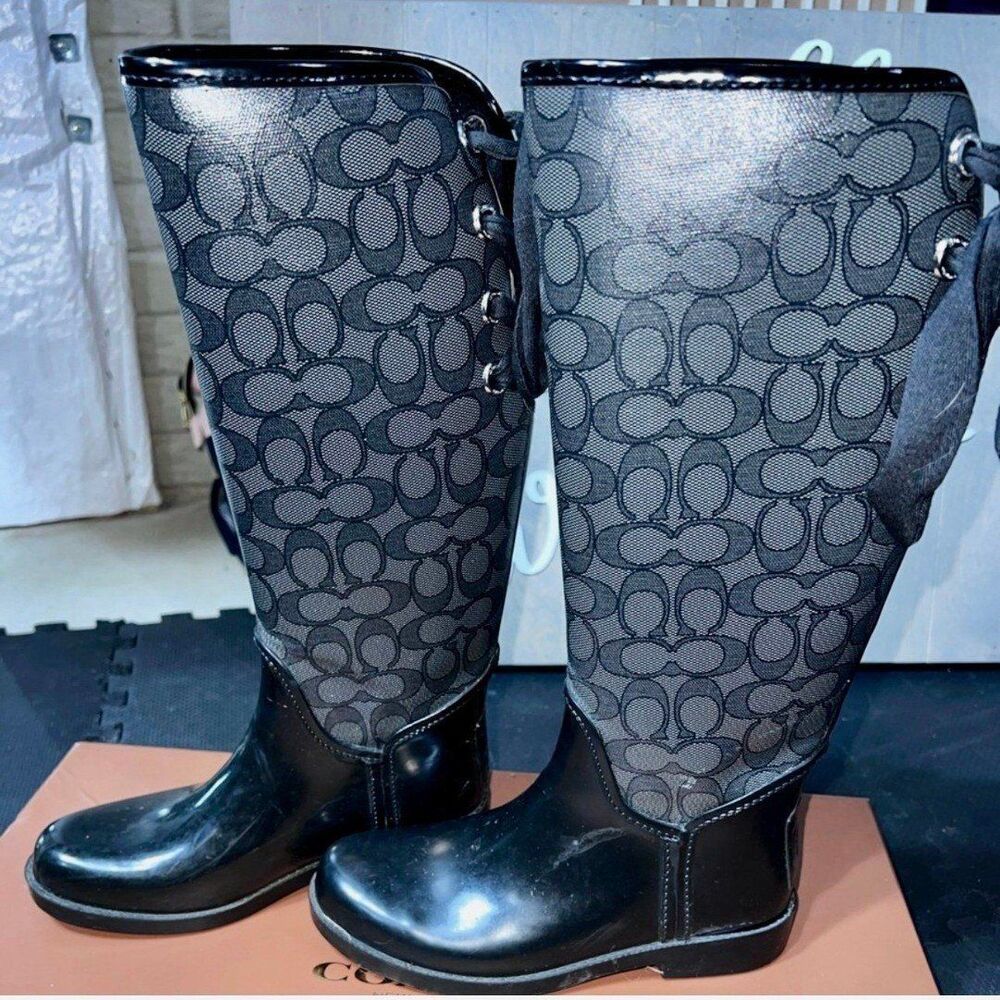 Coach Tristee Lace-Up Corset Signature Logo Tall Rain Boots Black Size 6